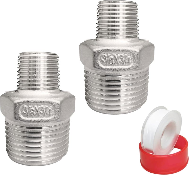 POTONZ 3/4" Male x 3/8" Male NPT Threaded Reducing Hex Nipple， 304 Stainless Steel Reducing Pipe Fitting Nipple Adapter With Teflon Plumbers Tape (Pack of 2) - Image 1